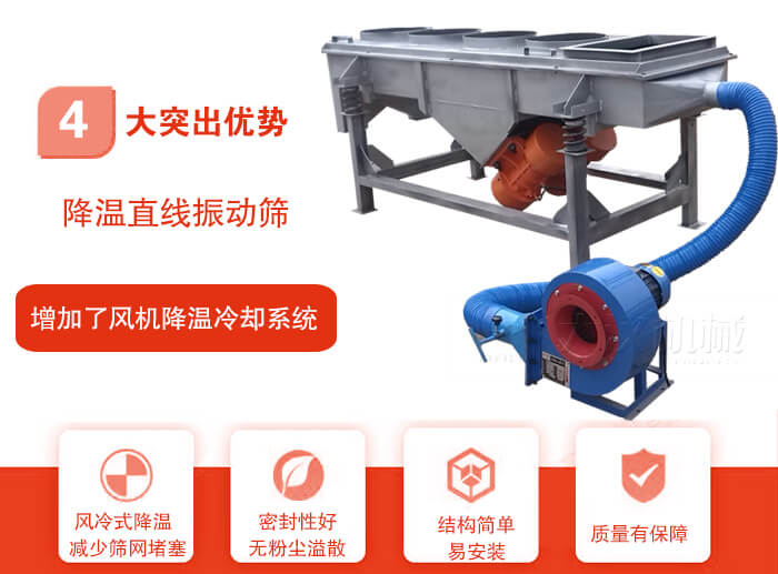 降溫直線振動篩性能特點：1，技術成熟，質量可靠，篩分精度高，處理量大。2，風冷式降溫系統設計，快速有效降溫。3，适用範圍廣，可應用于各種需要降溫的物料。4，設計精巧合理，結構簡單，易安裝，耗能少，噪音低5，篩網使用壽命長，換網更方便，快捷6，設備整體密封性好，無粉塵溢散。