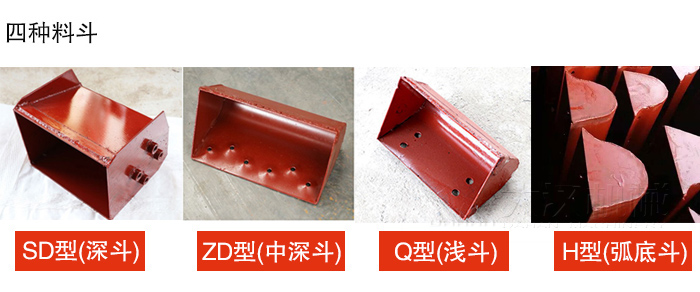 四種料鬥Q型(淺鬥)、H型(弧底鬥)、ZD型(中深鬥)SD型(深鬥)展示圖