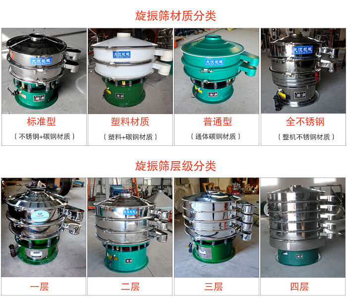 旋振篩材質分類：塑料，全不鏽鋼等旋振篩層級分類：一層，兩層，三層，四層等。