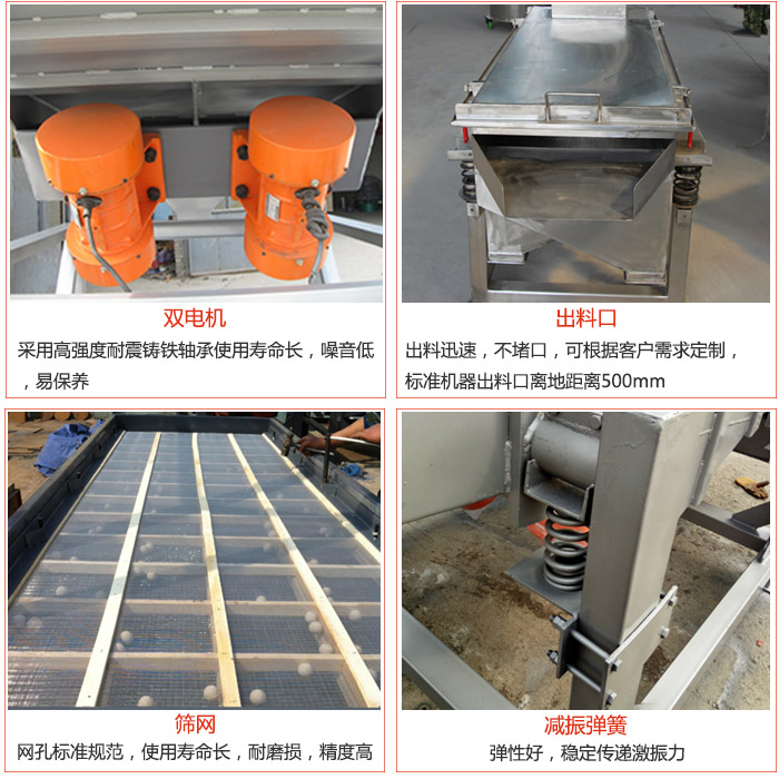 線振動篩配件優勢：雙電機采用高強度耐震鑄鐵軸承使用壽命長，噪音低，易保養，出料口：出料迅速，不堵口，可根據客戶需求定制标準機器出料口離地距離500mm。篩網：網孔标準規範，使用壽命長，耐磨損，精度高。減震彈簧彈性好，穩定傳遞激振力。