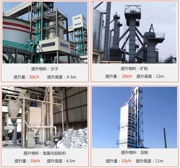 鬥式提升機用戶使用現場圖片：提升沙子提升量：20t/h提升高度：4-5m提升物料：礦粉提升量：20t/h提升高度：13m提升物料：氫氧化鋁粉料 提升量：10t/h提升高度：4-5m提升物料：豆粕提升量：10t/h提升高度：11m